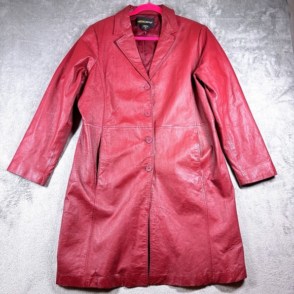 metrostyle Jackets & Blazers - Vintage Metrostyle Red Leather Long Coat Womens 18 Button Front Jacket Retro